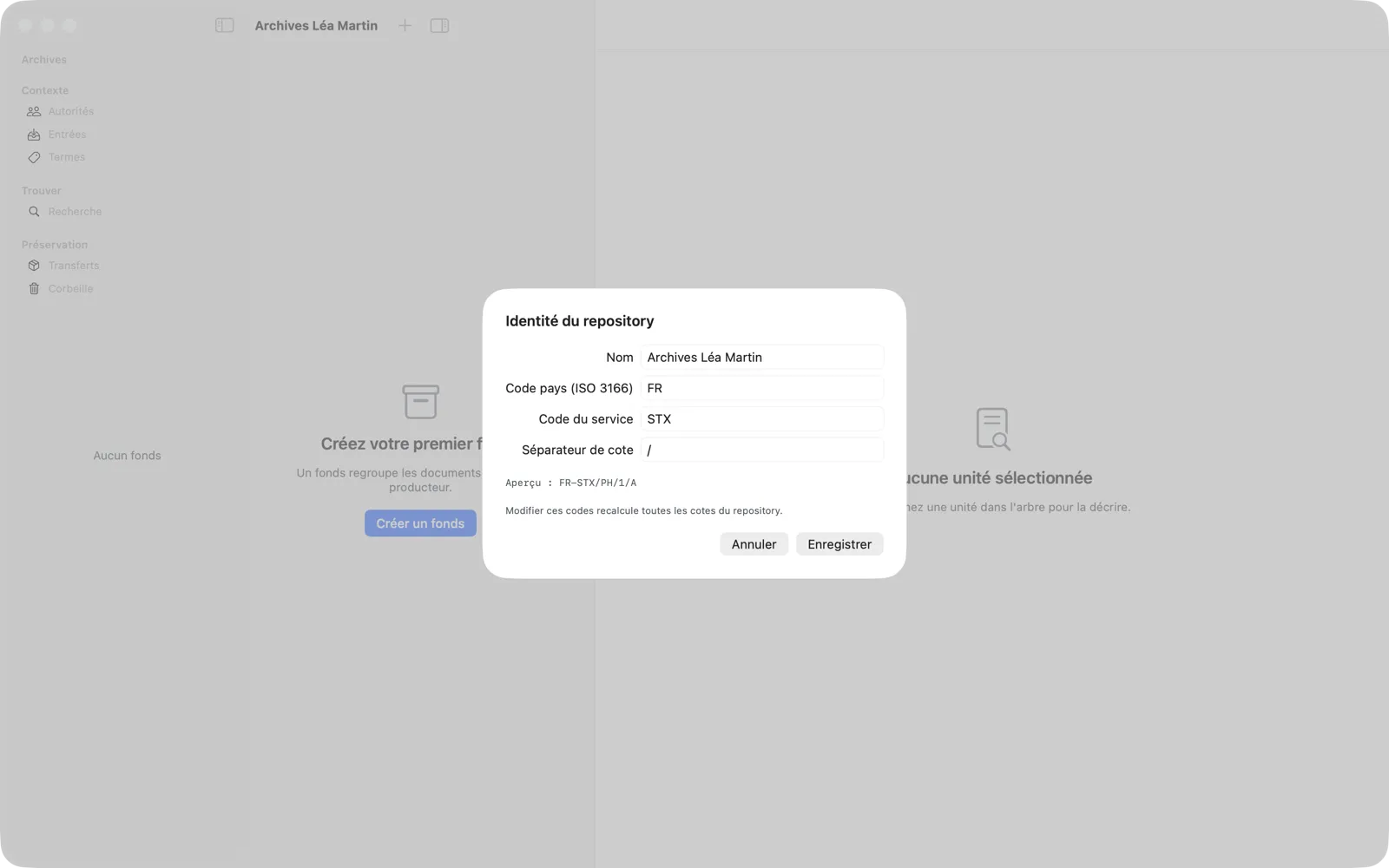 Feuille « Identité du repository » : Nom, Code pays, Code du service, Séparateur de cote et aperçu FR-STX/PH/1/A