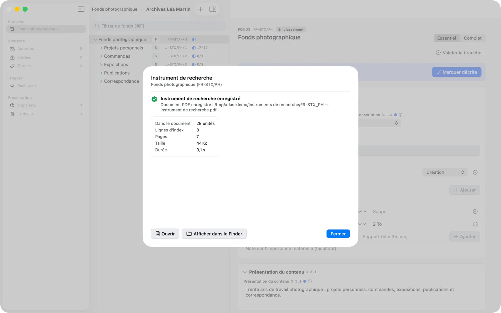 L’instrument de recherche enregistré : 28 unités, 8 lignes d’index, 7 pages