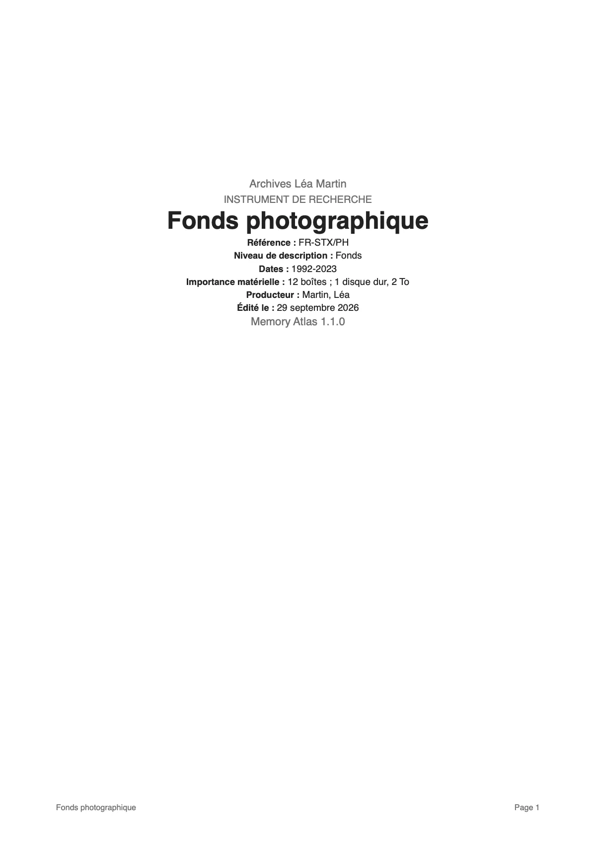 La page de titre de l’instrument de recherche du fonds photographique