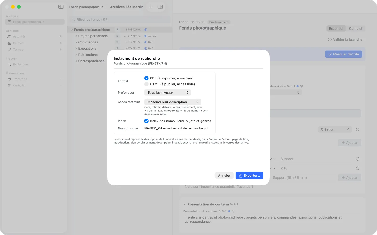 La feuille « Instrument de recherche » : le format PDF ou HTML, la profondeur, le traitement des unités à accès restreint, les index et le nom proposé